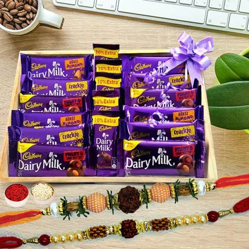 Rudraksha Rakhi Set with Assorted Cadbury Chocolates in Wooden Tray