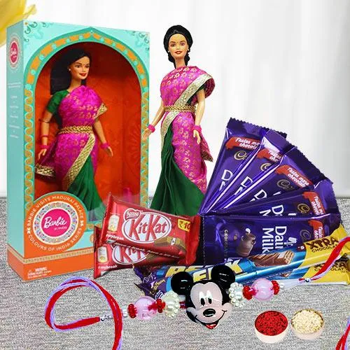 Exclusive Barbie with Mickey Rakhi and Assorted Chocolates