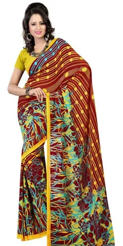 Enticing Brown and Mustard Colour Coordinated Faux Georgette Saree