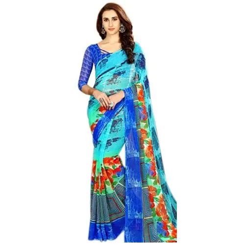 Eye-Catching Blue Color Printed Chiffon Sari