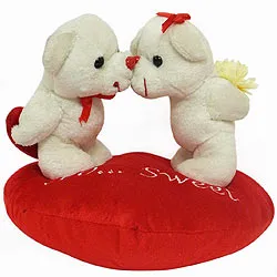 Buy Kissing Couple Teddy on Heart Shaped Cushion