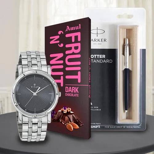 Remarkable Titan Watch with Parker Pen and Amul Chocolate