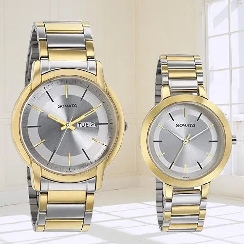 Remarkable Sonata Analog Silver Dial Pair Watch